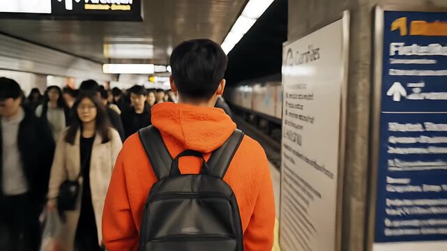 Man with orange hoodie and backpack standing in a crowded subway station