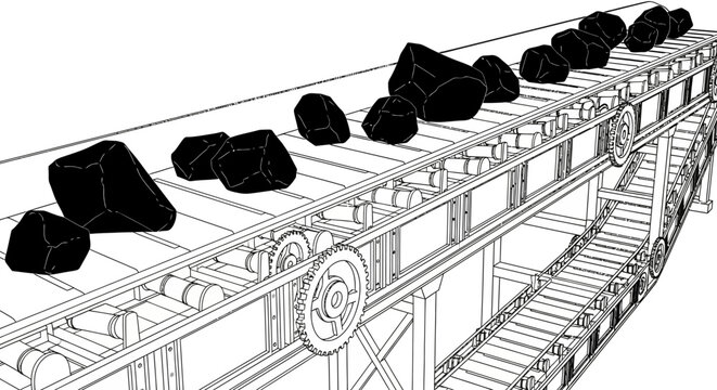 Black and white line drawing of a conveyor belt system transporting dark rocks or coal in an industrial setting.