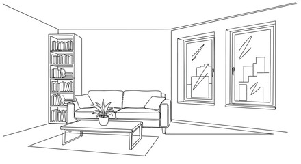 Fototapeta premium Line drawing of a modern living room with sofa, coffee table, bookshelf, and city view windows.