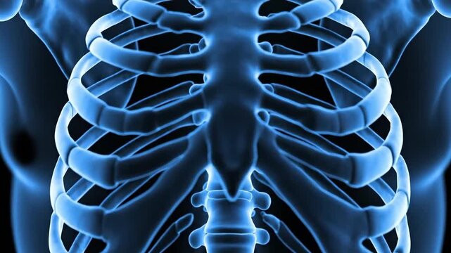 3d rendering of human rib cage and spine glowing blue, suitable for medical presentation, biology education, health article, scientific research, diagnostic illustration.