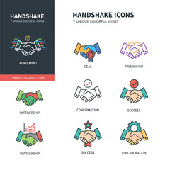 Diverse Handshake Icons Representing Agreement, Partnership, and Success in Various Colorful Styles and Illustrations