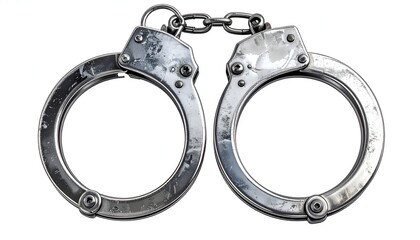 Obraz premium A pair of shiny metallic handcuffs connected by a small chain, showcasing wear and usage