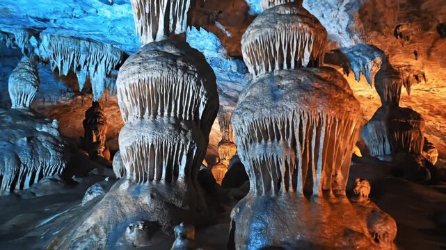 A cavern interior scene with impressive rock formations, illuminated by a mix of blue and warm light
