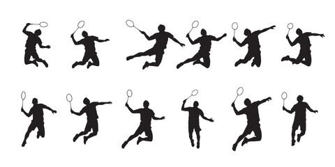 Black silhouettes of badminton players lunging and wielding rackets.