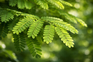 Fresh Green Tamarind Leaf Branch Close Up with Vibrant Sunlit Foliage in the Background