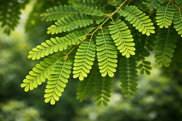 Fresh Green Tamarind Leaf Branch Close Up with Natural Sunlit Greenery Background