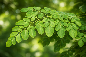 Fresh Green Moringa Oleifera Leaf Branch Close Up with Natural Blurred Greenery Background