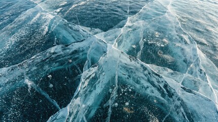 Ice winter background with cracks and grunge texture concept. Stunning ice formations on a lake surface with clear water beneath.