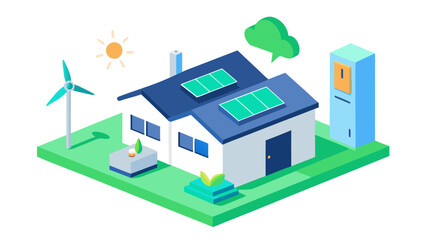 Modern eco-friendly house with solar panels, wind turbine, and refrigerator on green landscape, featuring sun, tree, and outdoor seating area in a vibrant illustration