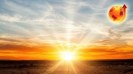 Sky with bright sun and extreme global climate concept. Stunning sunset over a vast landscape with beautiful sky colors.
