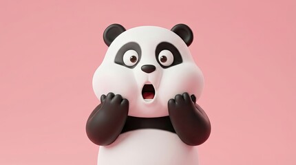 Shocked panda with big eyes on pink background concept. Surprised cartoon panda with a pink background, expressing shock.