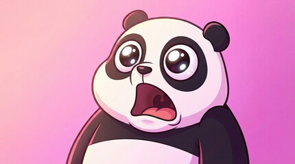 Shocked panda with big eyes on pink background concept. Surprised cartoon panda with cute expression on a pink background.