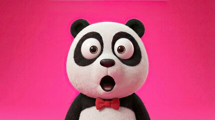 Shocked panda with big eyes on pink background concept. Surprised panda character on a vibrant pink background.