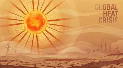 Sky with bright sun and extreme global climate concept. Surreal illustration of global heat crisis with dry landscape.