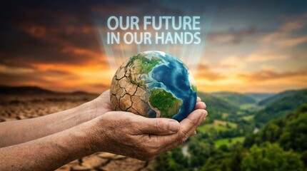 Urgent global message with fragile earth in hands concept. Symbolic hands holding a planet, representing environmental care.