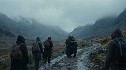 Refugee fleeing homeland in fear of harsh persecution concept. Travelers exploring a misty mountain valley on a journey.