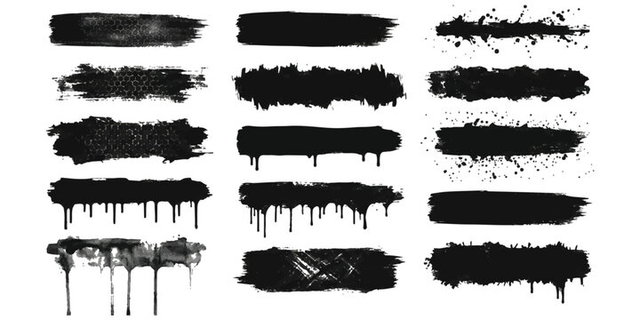Collection of grunge brush stroke and paint splatter elements with dripping effect for distressed design backgrounds