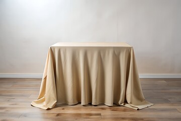 Elegantly Draped Beige Tablecloth on Wooden Table