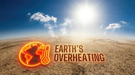 Sky with bright sun and extreme global climate concept. Visual representation of Earth's overheating and climate change issues.