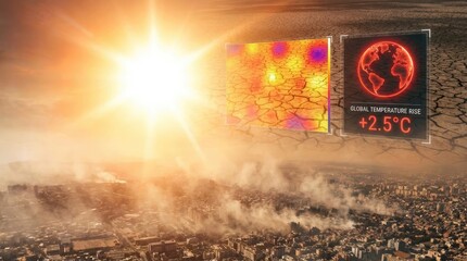 Sky with bright sun and extreme global climate concept. Visual representation of global warming with heat data overlay.