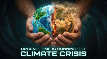 Urgent global message with fragile earth in hands concept. Visual representation of the urgent climate crisis and its impact.