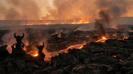 Hell engulfed in flames during armageddon scene concept. Volcanic eruption creating an intense lava flow and smoke.