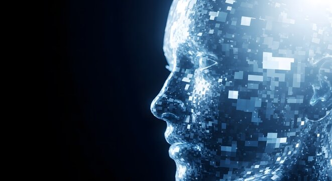 Abstract human head made of glowing pixels on a dark background represents artificial intelligence and digital identity