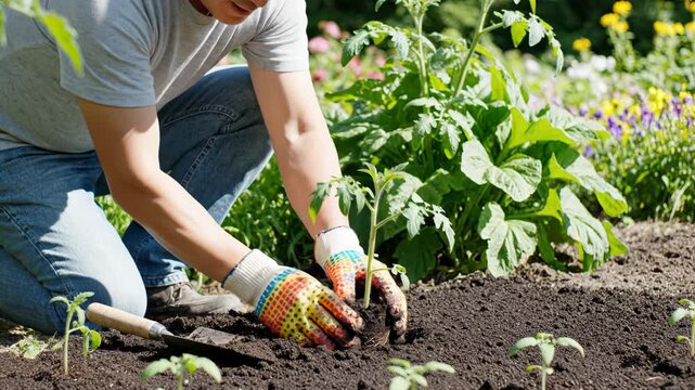 Person planting seedlings in garden