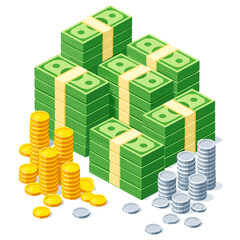Naklejka premium Isometric vector stacks of green dollar banknotes, gold coins, and silver coins, isolated on white