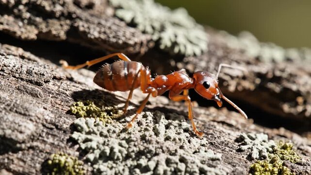 Macro ant insect nature closeup brown forest wood detail wildlife textured bark with lichen sunlight showing body segment leg closeup ant macro insect red ant forest floor tree bark natural habitat