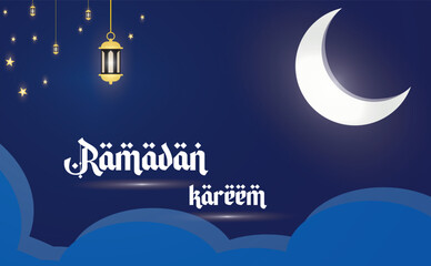 Ramadan Mubarak Blue Night Banner with Lantern Vector