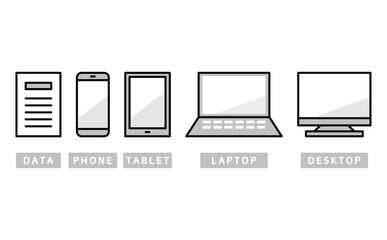 複数デバイスで共有される業務情報の構成要素を示したシンプルなアイコンセットのイラスト