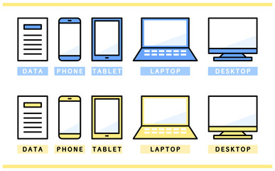 紙と各種デバイスで構成された業務データ表示の2色カラーバリエーションセットのイラスト