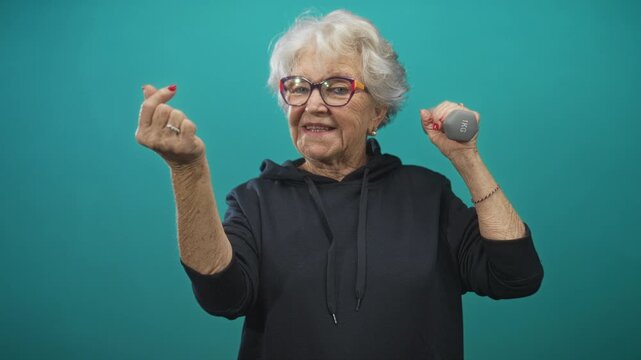 Senior woman holding 1kg dumbbell and making finger heart gesture in studio with teal backdrop; confidence vitality.
