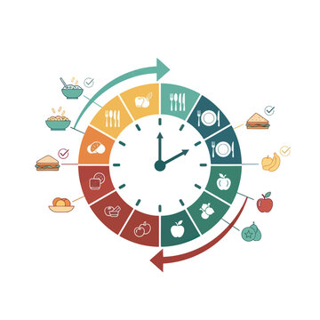 Clock with food icons depicting daily meal schedule or diet