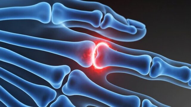 3d rendering of a human hand skeleton with painful joint inflammation, glowing red, suitable for medical education, healthcare advertising, pain management awareness, and orthopedic presentations.