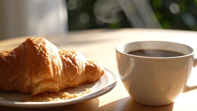 A croissant and a cup of coffee on a wooden table bathed in morning sunlight, creating a cozy scene