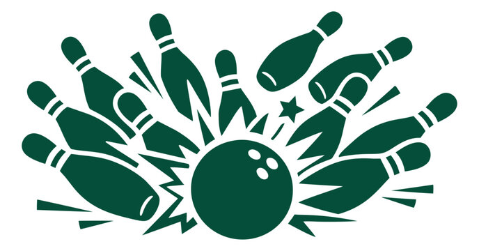 Graphic illustration of a bowling strike depicting pins scattering for sport and recreation