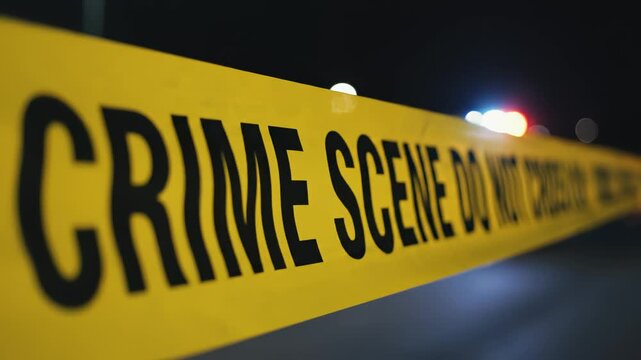 Crime scene tape at night with police lights