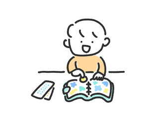 シール帳にシールを貼って遊ぶ笑顔の男の子の手描きのかわいい線画