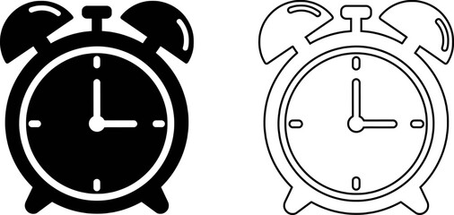 Alarm Clock Icon Set Solid and Outline Vector Illustration Isolated on White Background, Alarm Clock Icon Set Vector