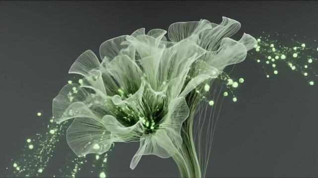 Futuristic green computing with holographic screens concept. Abstract digital art of glowing translucent flowers with delicate filaments on dark background
