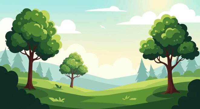 cartoon summer landscape with bright green nature clear sky warm sunlight simple shapes calm mood wide view