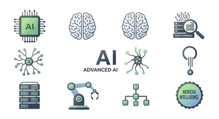 Flat lay of various icons related to, machine learning, and data science on a clean white background with a technological and innovative mood.