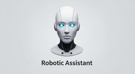 A robotic assistant with glowing blue eyes and a futuristic design against a light gray background with a shallow focus effect, incorporating and machine learning technology.