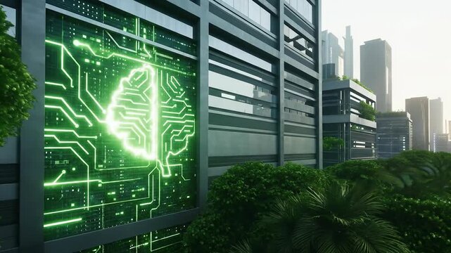 Futuristic green computing with holographic screens concept. Futuristic smart city with green technology and eco friendly urban buildings at sunrise