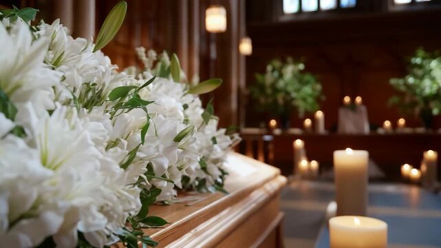 White lilies on wooden casket in candlelit church funeral scene