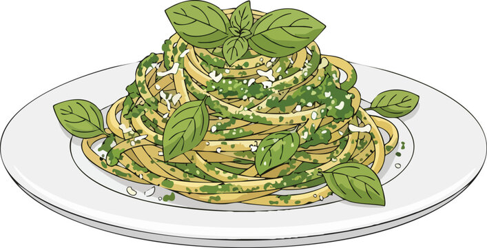 Delicious plate of spaghetti with pesto sauce and fresh basil leaves.