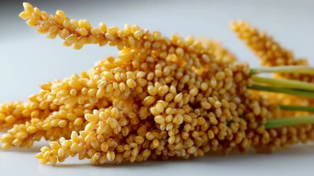 Close-up of golden millet stalks on white background