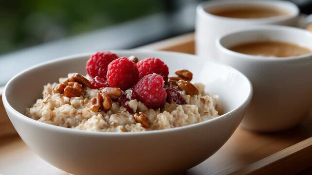 Nutty oatmeal with fresh raspberries and pecans for a wholesome breakfast